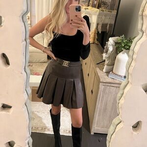 Brown Pleated Skirt with Gold Accent